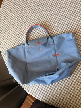 Longchamp Light Blue Nylon Tote with Red Trim